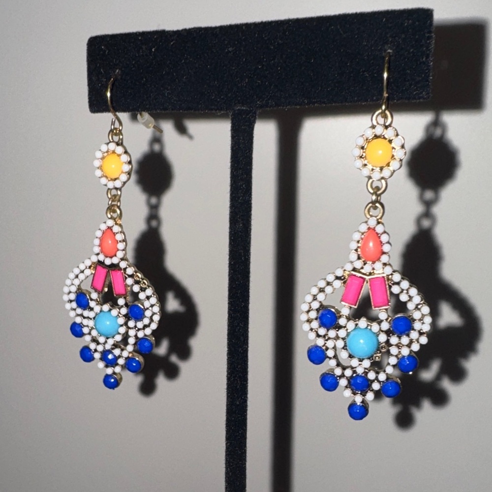 Talbots Multicolor Beaded Chandelier Earrings in Blue, Pink & Yellow